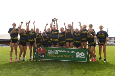 290426 - Dyffryn Taff v Bryncelynnog - Girls Schools Final U14 - Road To Principality Finals - Bryncelynnog players celebrate lifting the trophy at full time