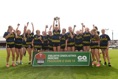 290426 - Dyffryn Taff v Bryncelynnog - Girls Schools Final U14 - Road To Principality Finals - Bryncelynnog players celebrate lifting the trophy at full time