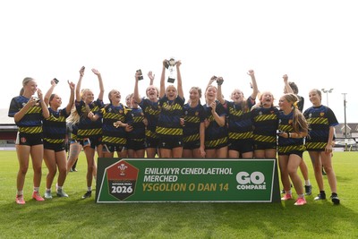 290426 - Dyffryn Taff v Bryncelynnog - Girls Schools Final U14 - Road To Principality Finals - Bryncelynnog players celebrate lifting the trophy at full time