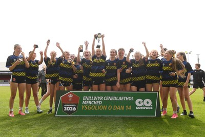 290426 - Dyffryn Taff v Bryncelynnog - Girls Schools Final U14 - Road To Principality Finals - Bryncelynnog players celebrate lifting the trophy at full time
