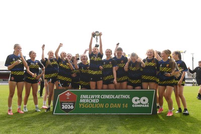 290426 - Dyffryn Taff v Bryncelynnog - Girls Schools Final U14 - Road To Principality Finals - Bryncelynnog players celebrate lifting the trophy at full time