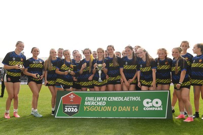 290426 - Dyffryn Taff v Bryncelynnog - Girls Schools Final U14 - Road To Principality Finals - Bryncelynnog players celebrate lifting the trophy at full time
