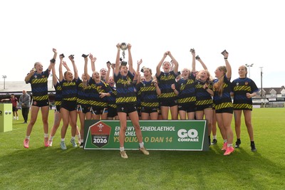 290426 - Dyffryn Taff v Bryncelynnog - Girls Schools Final U14 - Road To Principality Finals - Bryncelynnog players celebrate lifting the trophy at full time
