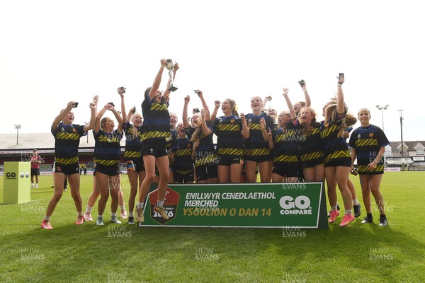 290426 - Dyffryn Taff v Bryncelynnog - Girls Schools Final U14 - Road To Principality Finals - Bryncelynnog players celebrate lifting the trophy at full time