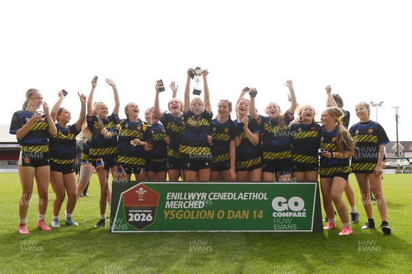 290426 - Dyffryn Taff v Bryncelynnog - Girls Schools Final U14 - Road To Principality Finals - Bryncelynnog players celebrate lifting the trophy at full time