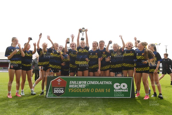 290426 - Dyffryn Taff v Bryncelynnog - Girls Schools Final U14 - Road To Principality Finals - Bryncelynnog players celebrate lifting the trophy at full time
