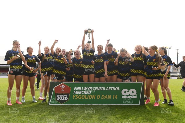 290426 - Dyffryn Taff v Bryncelynnog - Girls Schools Final U14 - Road To Principality Finals - Bryncelynnog players celebrate lifting the trophy at full time