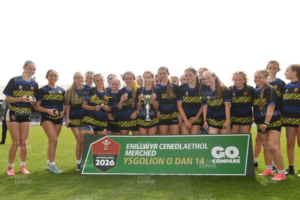 290426 - Dyffryn Taff v Bryncelynnog - Girls Schools Final U14 - Road To Principality Finals - Bryncelynnog players celebrate lifting the trophy at full time