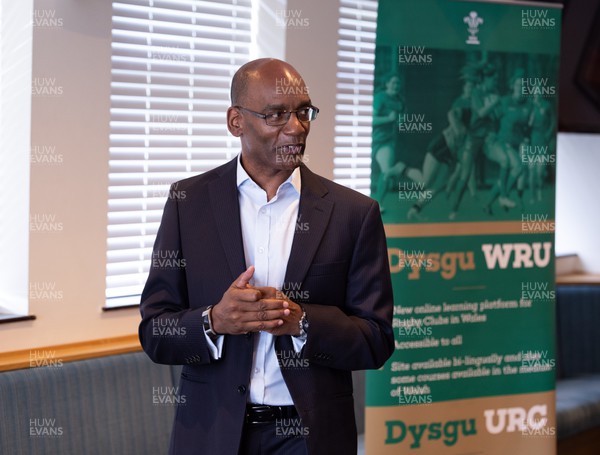 230823 - Dysgu WRU Launch, Old Penarthians RFC - WRU Interim CEO Nigel Walker addresses guests at the launch of Dysgu WRU, a new online portal of educational resources for Welsh Rugby Union clubs 