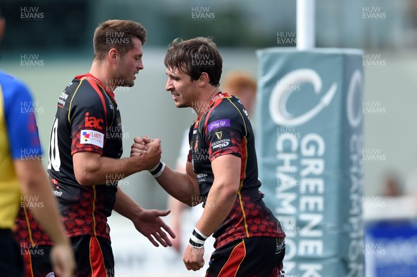 110818 - Ealing Trailfinders v Dragons - Preseason Friendly - Rhodri Williams of the Dragons celebrates his first half try with team mate Josh Lewis