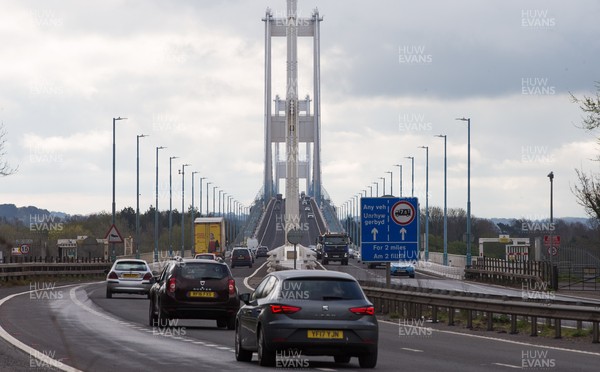 120421 Wales COVID 19 Restrictions Easing - Vehicles travel on the Severn Bridge between Wales and England as restrictions on travel between the two countries imposed by the Welsh Government are eased Previously only essential travel was permitted