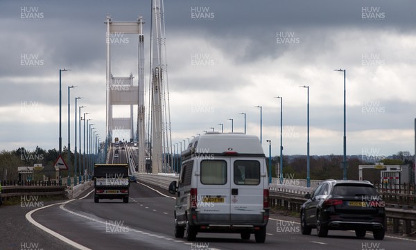 120421 Wales COVID 19 Restrictions Easing - Vehicles travel on the Severn Bridge between Wales and England as restrictions on travel between the two countries imposed by the Welsh Government are eased Previously only essential travel was permitted