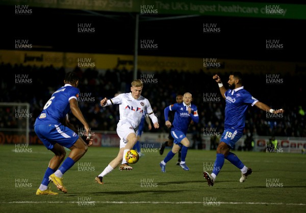 160124 - Eastleigh v Newport County - FA Cup Third Round Replay - Will Evans of Newport County plays the ball forward