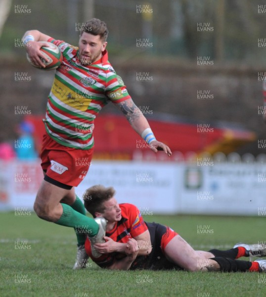 240416 -Ebbw_Vale v Aberavon-Principality_Premiership-Ebbw's Adam Jones is tackled by Aberavon's Jonathan Phillips