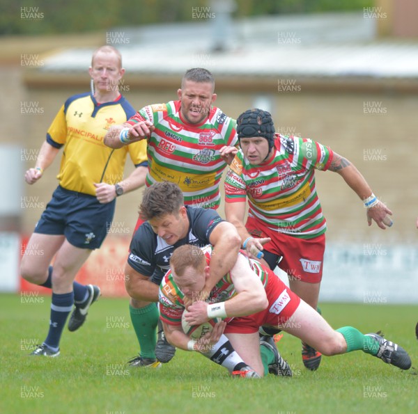 101015 - Ebbw Vale -Crosskeys -Principality_Premiership - Ebbw Vale's Tom Edwards is tackled by Crosskeys James Leadbetter