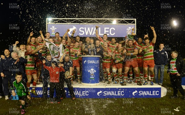 230413 - Ebbw Vale v Glamorgan Wanderers - Swalec Championship -Ebbw Vale captain Damien Hudd lifts the trophy 