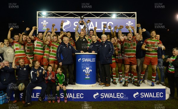 230413 - Ebbw Vale v Glamorgan Wanderers - Swalec Championship -Ebbw Vale captain Damien Hudd lifts the trophy 