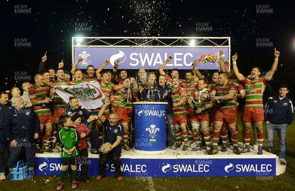 230413 - Ebbw Vale v Glamorgan Wanderers - Swalec Championship -Ebbw Vale captain Damien Hudd lifts the trophy 