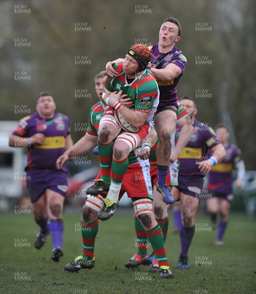 090416 - Ebbw Vale v Llandovery - SWALEC Cup quarter final -Llandovery's Matthew Harbut secures a high ball