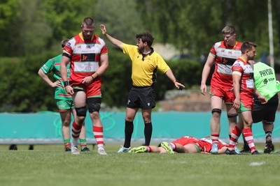 100525 - Ebbw Vale v Llandovery - Super Rygbi Cymru (SRC) Semi Final - Referee Ben Whitehouse calls for physios for an injury to Taylor Davies of Llandovery 