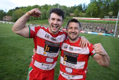 100526 - Ebbw Vale v Llandovery RFC - Super Rygbi Cymru Grand Final - Harri Doel and Lee Rees of Llandovery celebrate at full time