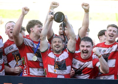 100526 - Ebbw Vale v Llandovery RFC - Super Rygbi Cymru Grand Final - Lee Rees of Llandovery lifts the trophy