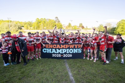 100526 - Ebbw Vale v Llandovery RFC - Super Rygbi Cymru Grand Final - Lee Rees of Llandovery lifts the trophy alongside his team mates