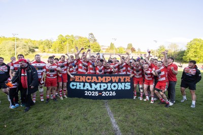 100526 - Ebbw Vale v Llandovery RFC - Super Rygbi Cymru Grand Final - Lee Rees of Llandovery lifts the trophy alongside his team mates