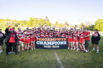 100526 - Ebbw Vale v Llandovery RFC - Super Rygbi Cymru Grand Final - Lee Rees of Llandovery lifts the trophy alongside his team mates