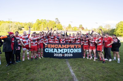 100526 - Ebbw Vale v Llandovery RFC - Super Rygbi Cymru Grand Final - Lee Rees of Llandovery lifts the trophy alongside his team mates