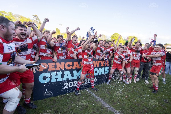 100526 - Ebbw Vale v Llandovery RFC - Super Rygbi Cymru Grand Final - Lee Rees of Llandovery lifts the trophy alongside his team mates