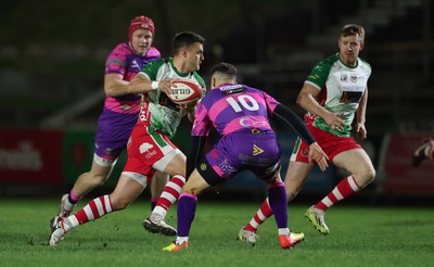 161025 - Ebbw Vale v Llandovery, Super Rugbi Cymru - Ioan Hughes of Llandovery takes on Dorian Jones of Ebbw Vale