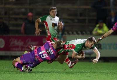 161025 - Ebbw Vale v Llandovery, Super Rugbi Cymru - Aaron Warren of Llandovery is tackled by Evan Lloyd of Ebbw Vale
