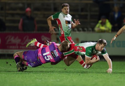 161025 - Ebbw Vale v Llandovery, Super Rugbi Cymru - Aaron Warren of Llandovery is tackled by Evan Lloyd of Ebbw Vale