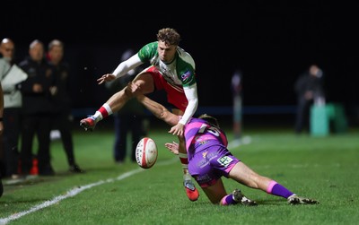 161025 - Ebbw Vale v Llandovery, Super Rugbi Cymru - Tomi Lewis of Llandovery is tackled by Evan Lloyd of Ebbw Vale