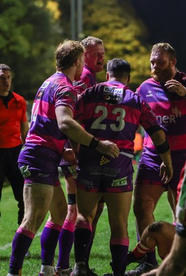 161025 - Ebbw Vale v Llandovery, Super Rugbi Cymru - Dom Franchi of Ebbw Vale is congratulated after he powers over to score try