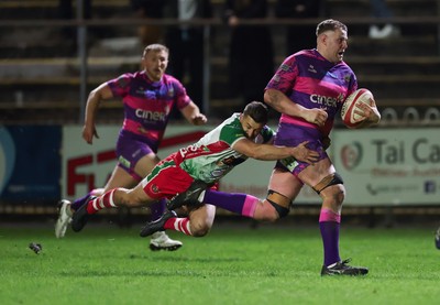 161025 - Ebbw Vale v Llandovery, Super Rugbi Cymru - Jack Pope of Ebbw Vale is tackled by Lee Rees of Llandovery