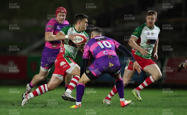 161025 - Ebbw Vale v Llandovery, Super Rugbi Cymru - Ioan Hughes of Llandovery takes on Dorian Jones of Ebbw Vale
