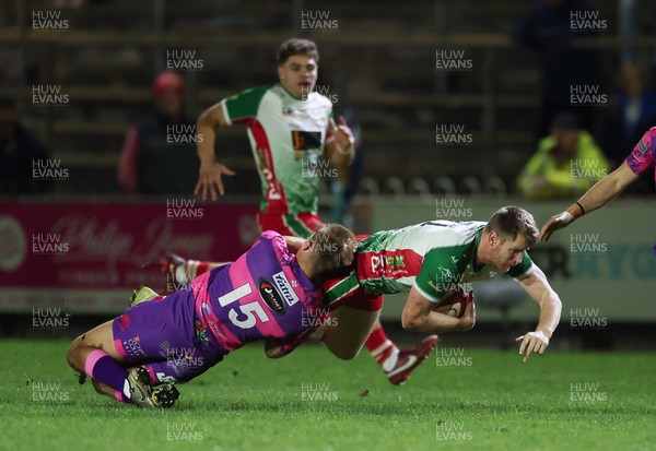 161025 - Ebbw Vale v Llandovery, Super Rugbi Cymru - Aaron Warren of Llandovery is tackled by Evan Lloyd of Ebbw Vale