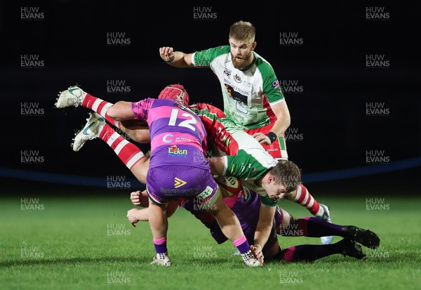 161025 - Ebbw Vale v Llandovery, Super Rugbi Cymru - Joe Powell of Llandovery takes on Cam Davies of Ebbw Vale and Jack Pope of Ebbw Vale