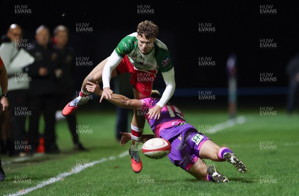 161025 - Ebbw Vale v Llandovery, Super Rugbi Cymru - Tomi Lewis of Llandovery is tackled by Evan Lloyd of Ebbw Vale