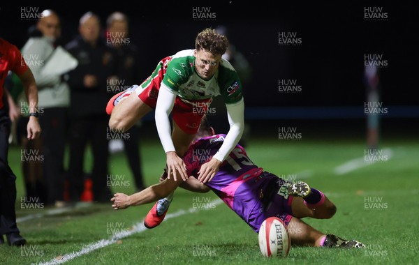 161025 - Ebbw Vale v Llandovery, Super Rugbi Cymru - Tomi Lewis of Llandovery is tackled by Evan Lloyd of Ebbw Vale