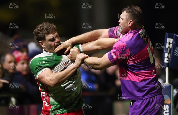 161025 - Ebbw Vale v Llandovery, Super Rugbi Cymru - Corey Baldwin of Llandovery and Ethan Phillips of Ebbw Vale come to blows before Baldwin is shown a red card