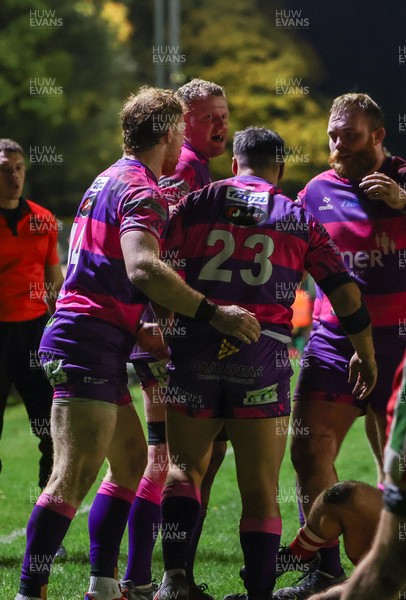 161025 - Ebbw Vale v Llandovery, Super Rugbi Cymru - Dom Franchi of Ebbw Vale is congratulated after he powers over to score try