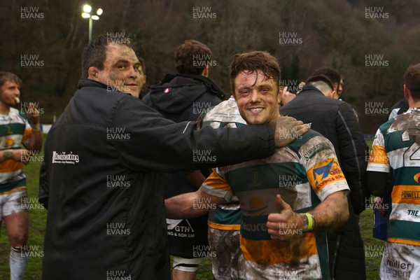 070418 - Ebbw Vale RFC v Merthyr RFC - WRU National Cup - Semi Final - Try scorer of Merthyr Justin James celebrates at the end of the game with Nathan Trevett  