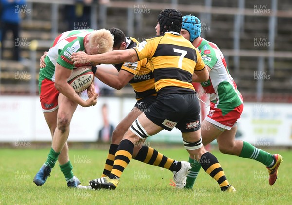 160917 - Ebbw Vale v Newport - Principality Premiership - Ebbw's Toby Fricker tackled by Newport's Kyle Tayler