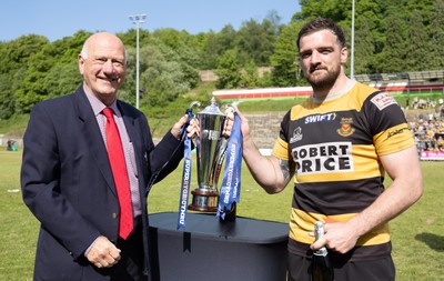 180525 - Ebbw Vale  v Newport RFC, Super Rygbi Cymru Grand Final - Newport captain Ben Roach is presented with the Super Rygbi Cymru trophy by WRU President Terry Cobner