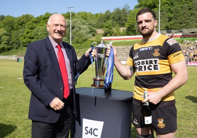 180525 - Ebbw Vale  v Newport RFC, Super Rygbi Cymru Grand Final - Newport captain Ben Roach is presented with the Super Rygbi Cymru trophy by WRU President Terry Cobner
