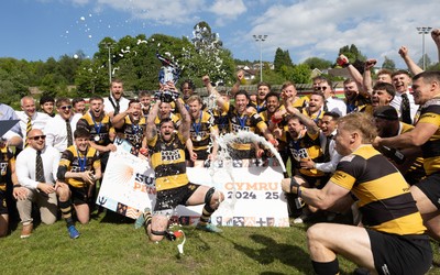 180525 - Ebbw Vale  v Newport RFC, Super Rygbi Cymru Grand Final - Newport captain Ben Roach lifts the Super Rygbi Cymru trophy after the victory over Ebbw Vale
