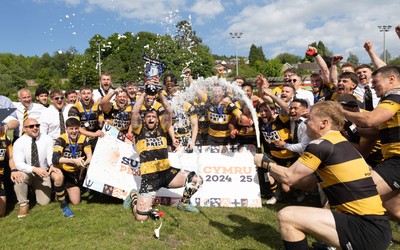 180525 - Ebbw Vale  v Newport RFC, Super Rygbi Cymru Grand Final - Newport captain Ben Roach lifts the Super Rygbi Cymru trophy after the victory over Ebbw Vale